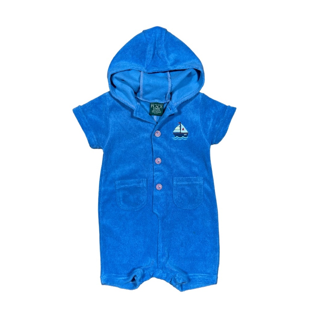 VINTAGE 90s The Children’s Place Baby Boys’ Blue Hooded Romper One Piece 6-9M